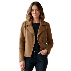 Betabrand Everyday Vegan Suede Moto Jacket Zipper Pockets Brown Size M